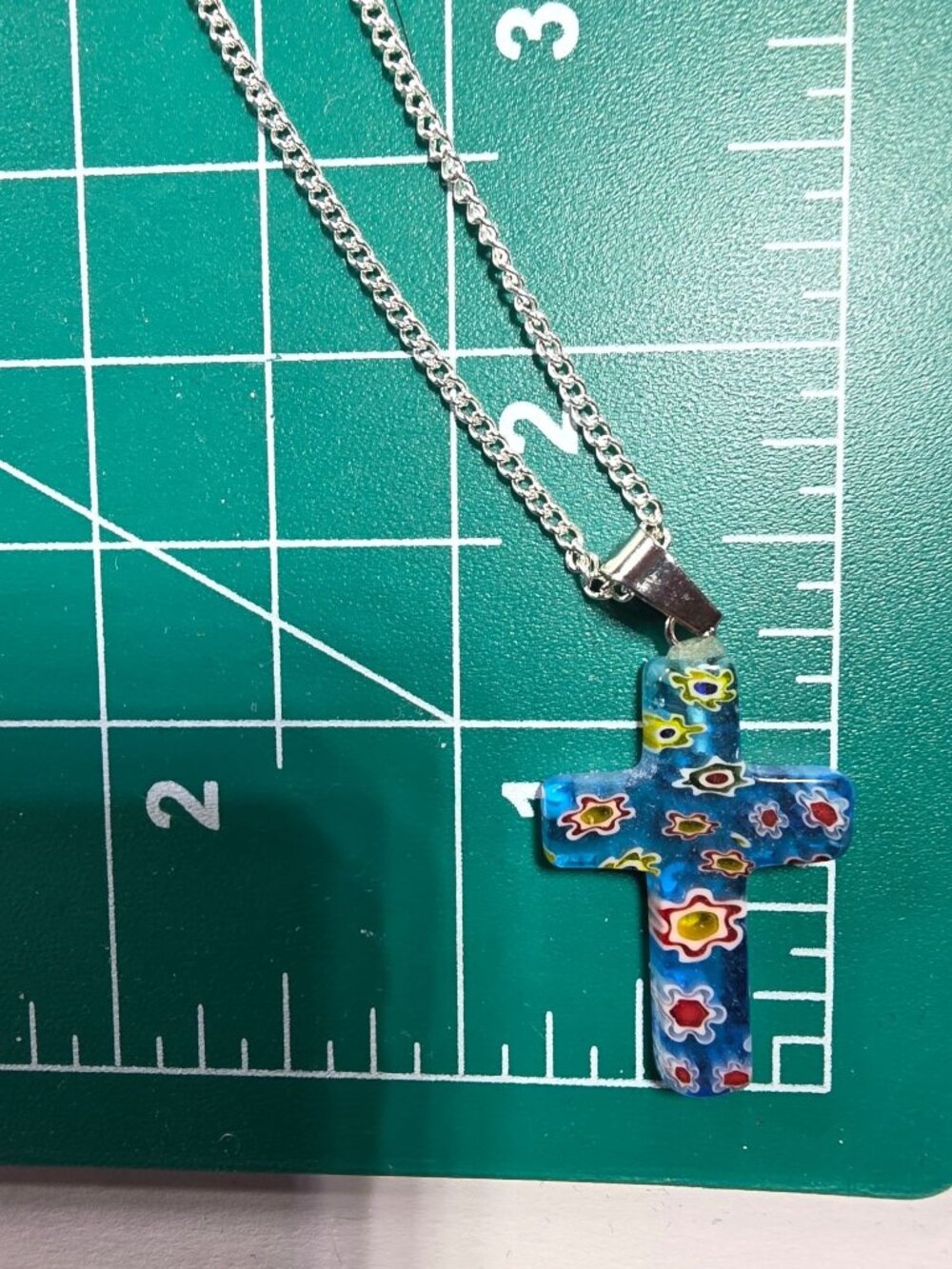 Cross Pendant Necklace Silver tone Chain Floral faith blue religious jewelry - Picture 5 of 6